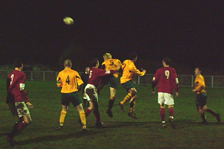 Tom Graves (5) beats Barry Pidgeon (5) to this header watched closely by Josh Sutcliffe (3), Eddie Fench (4) and Gary Norgate (9)
