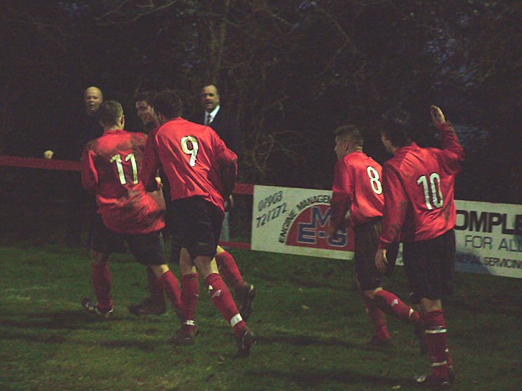 Danny Curd (11), Tom Manton (hidden), Chris Morrow (9), Hassan Yassan (8) and Adam Hunt (10) celebrate Tom's second goal
