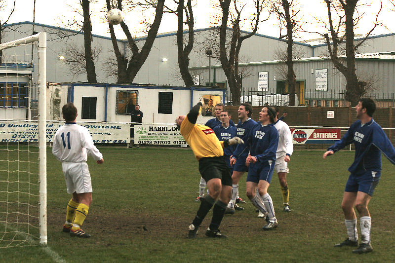 Five Shoreham players see this late effort go just over the bar
