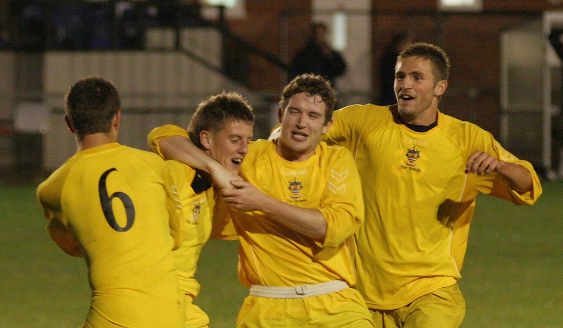 Worthing celebrate Ben Johnson's late goal but Horsham YMCA equalise soon after
