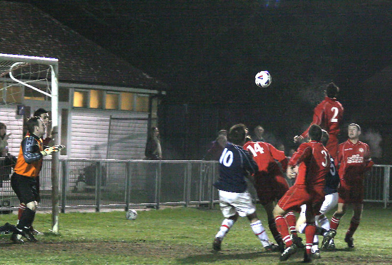 Stuart Day (2), Paul Jefford (14), Jamie Angell (3) and Martin May (5) stop Booby Godfrey (10) reaching this cross
