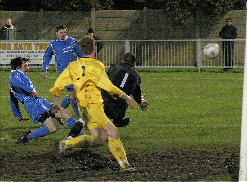 This last ditch attempt on goal by Ben Boiling (?) is ruled out for off-side
