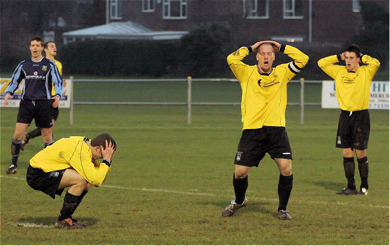 They "Don't believe it " as Phil Turner's shot is saved. That's Phil Turner, Steve Davies and Adam Hunt.

