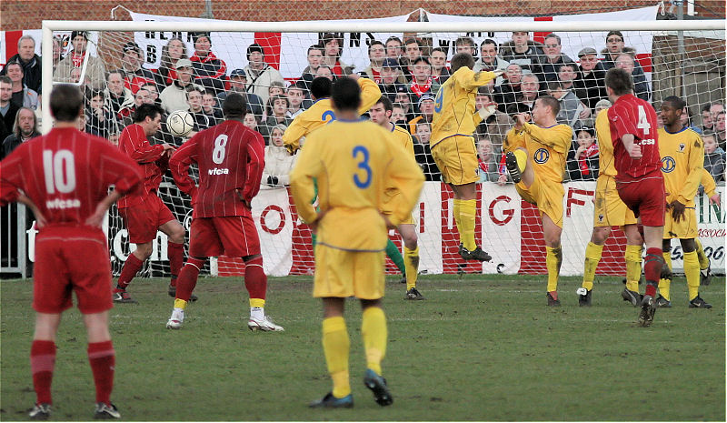 This Worthing effort flies across the goalmouth
