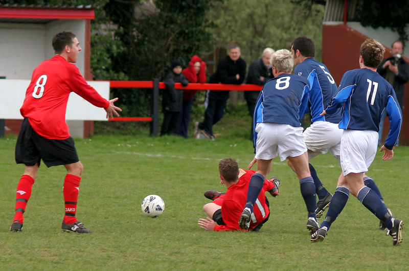 Marc Cooper (8) appeals for a free kick as Danny Curd goes down when tackled by Craig Bishop (5), Dean Chamberlain (8) with Tom Nowell (11) also close up
