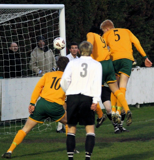 Tom Graves (5) heads Horsham in front from a corner after 9 minutes
