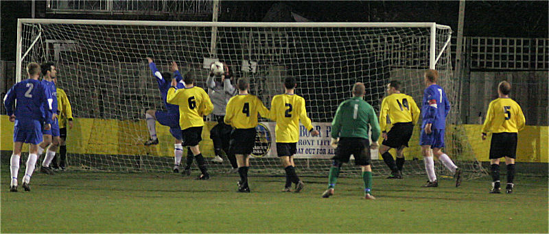 Storrington keeper Paul Smith joins the attack for a very late corner
