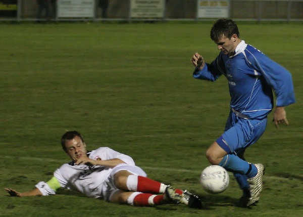 Owen Callaghan is brought down and Richard Carter puts Shoreham back in the game from the spot 
