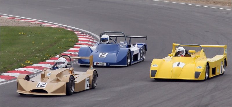 Eventual winner Antony Raine (12) Centaur Mk16 leads the 750 Formula race ahead of Mick Harris (1) in the Darvi 877 and Bob Simpson (2) in the SS Fiat
