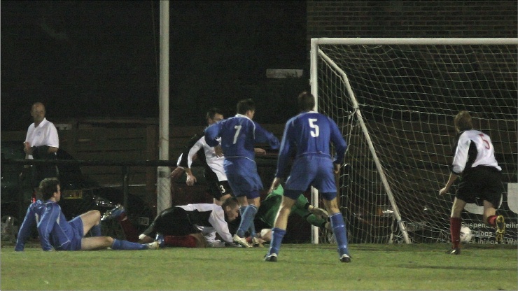 Owen Callaghan (7) makes it 3-2 to Shoreham 
