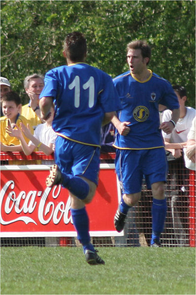 Chris Gell (11) races to congratulate 'Frankie' Howard who opened the scoring on 36 mins
