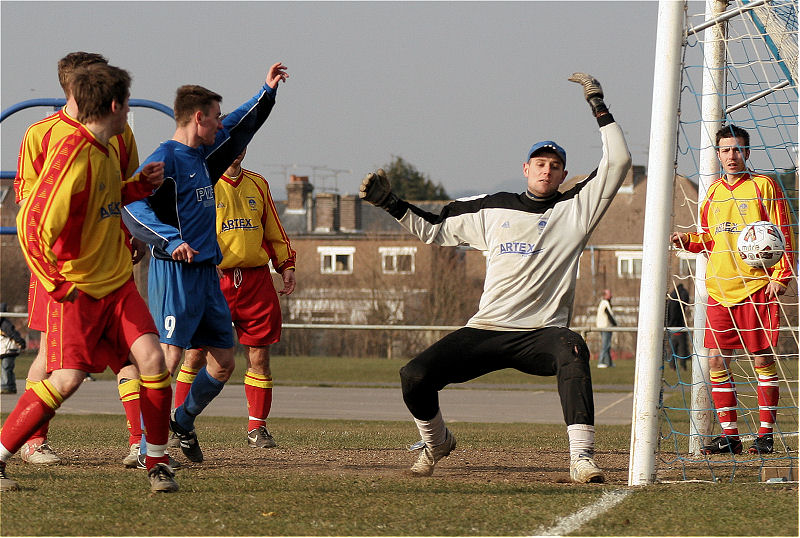 Mike Hatch celebrates Rustington's 3rd from a Dave Oakes corner
