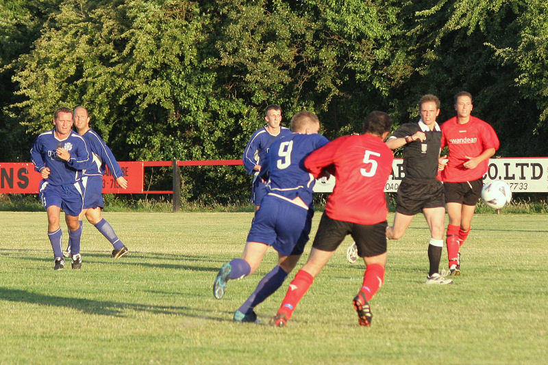 Andy Smart (9) and Pete Christodoulou (5) challenging watched by Dave Oakes, Richie Hellen and Haydn Aldred
