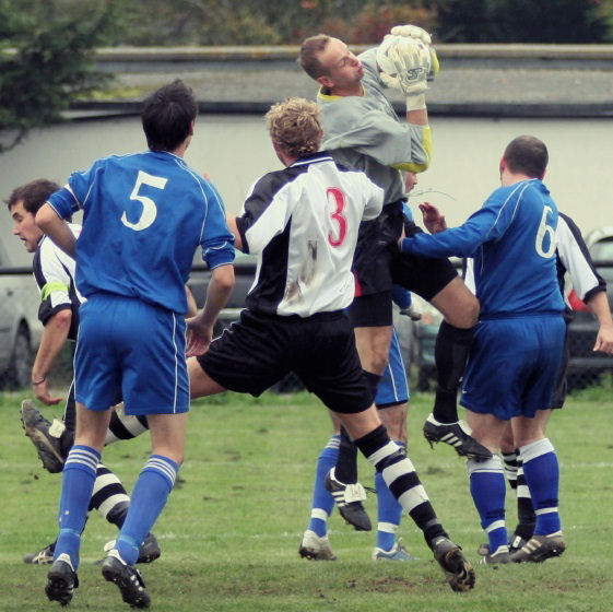 Keeper James McGrath collects challenged by James Heller (3) with Martyn Flack (5) and Stuart McCall (6) backing up

