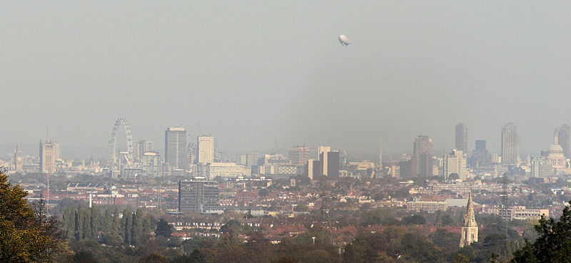 London from Epsom Downs inc Houses of Parliament, London Eye, St Paul's (and an airship)
