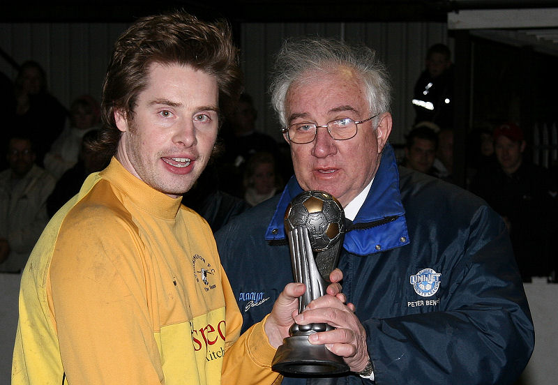Storrington keeper Neil Gledhill receives the Man of the Match award from Peter Bentley
