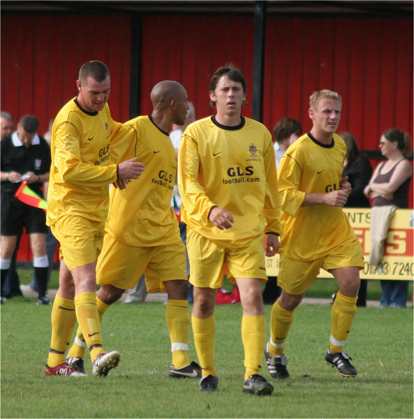 Stafford Browne is congratulated on scoring Worthing's second goal from a free kick
