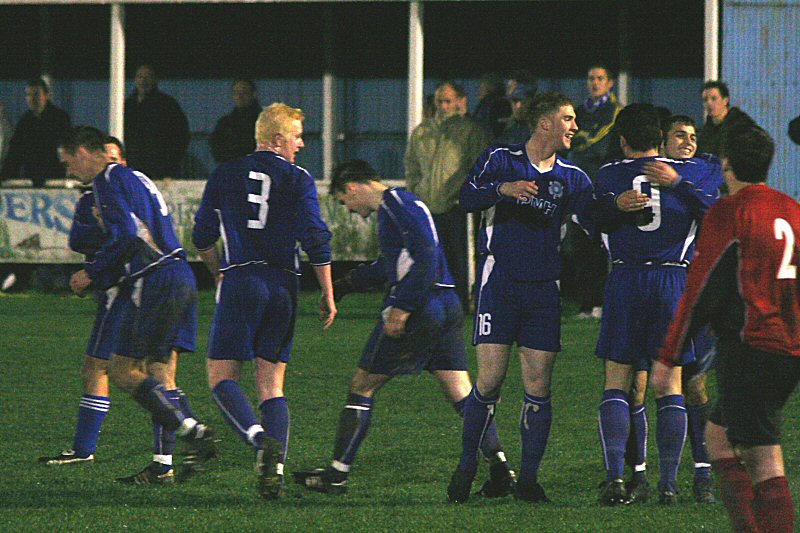 Terry Withers (9) congratulates Sean Duffy on his winning goal
