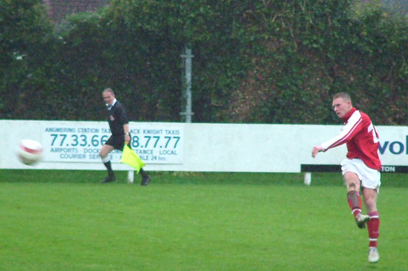 Man of the Match Stuart Beavon blasts the ball home for 1-0
