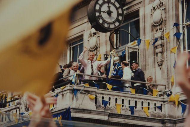 Don Howe in the thick of celebrations at Wimbledon Town Hall
