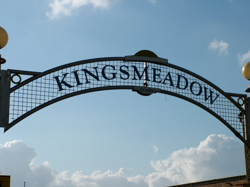 Kingsmeadow sign at the stadium entrance in Jack Goodchild Way
